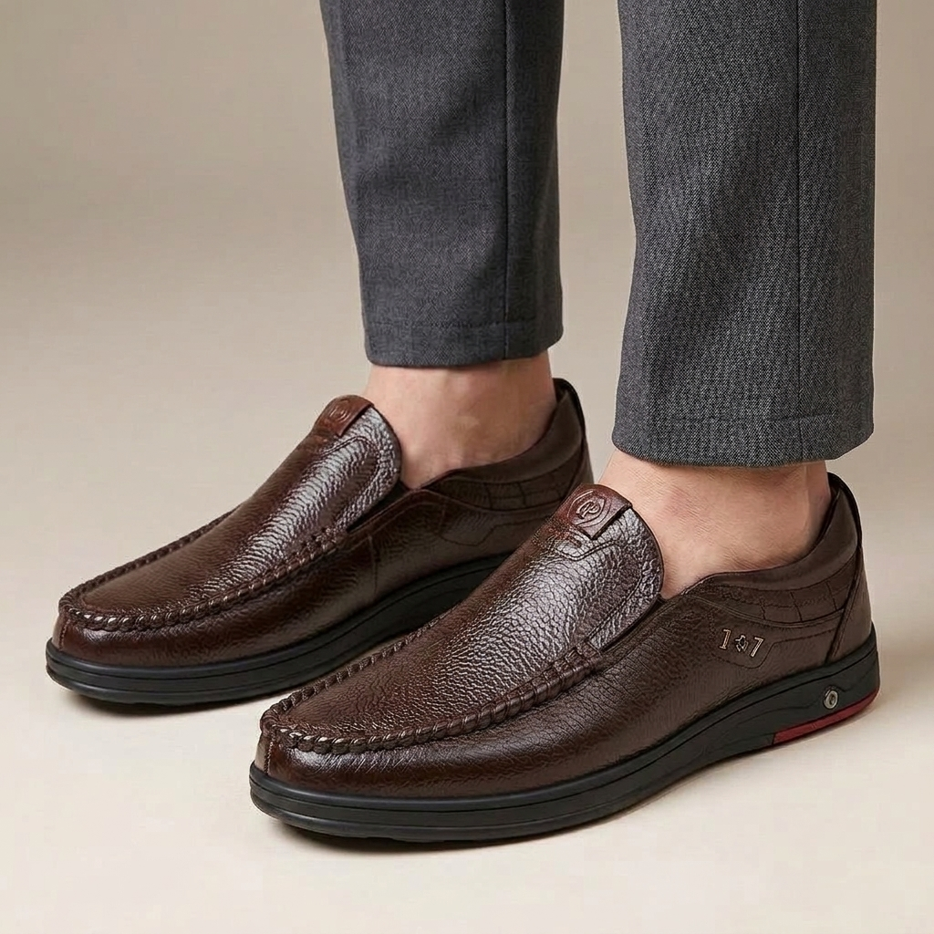 Mocassin Homme Cuir Véritable Souple Marron porté, pantalon anthracite