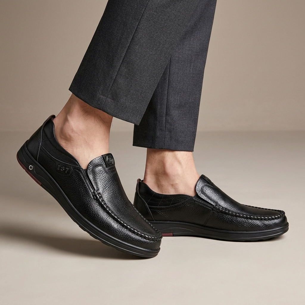 Mocassin Homme Cuir Véritable Souple Noir porté, pantalon anthracite