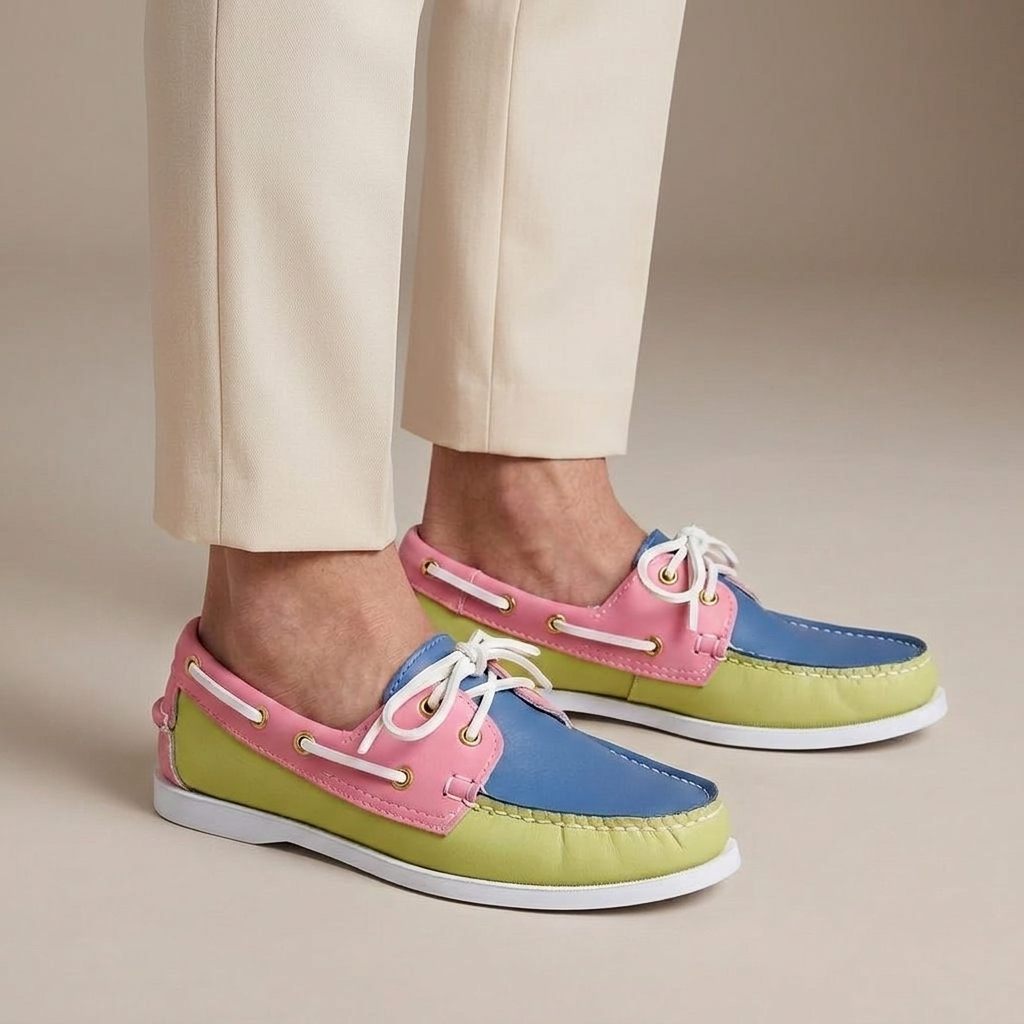 Mocassin Bateau Homme Tricolore Cuir Jaune porté, pantalon crème