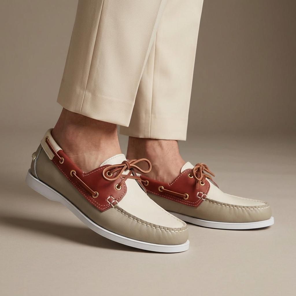 Mocassin Bateau Homme Tricolore Cuir Beige porté, pantalon crème