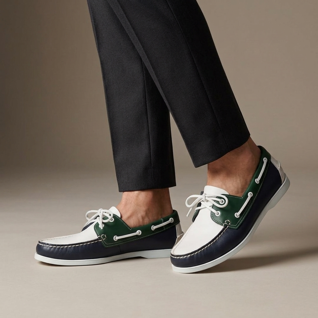 Mocassin Bateau Homme Tricolore Cuir Bleu marine porté, pantalon anthracite