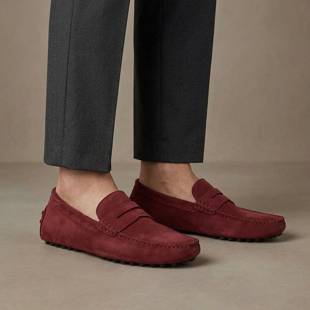 Mocassin Homme Cuir Suédé Souple à Bande Bordeaux porté, pantalon anthracite