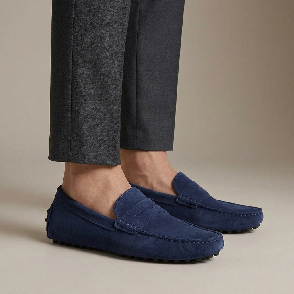 Mocassin Homme Cuir Suédé Souple à Bande Bleu Marine porté, pantalon anthracite
