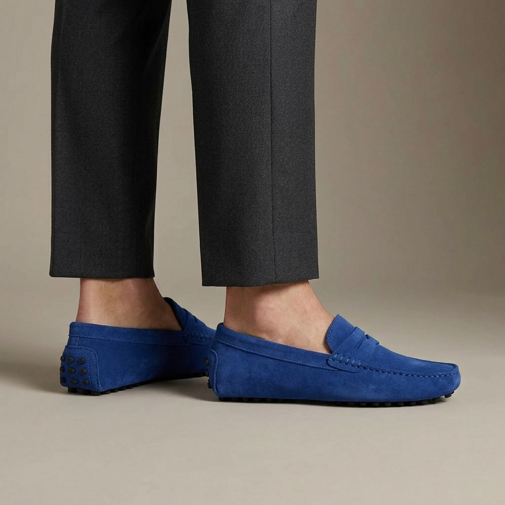 Mocassin Homme Cuir Suédé Souple à Bande Royal porté, pantalon anthracite