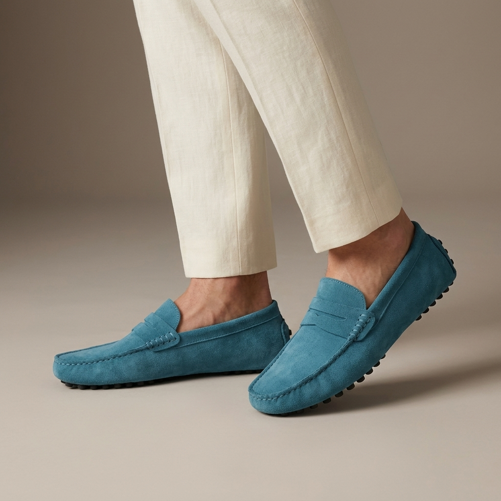 Mocassin Homme Cuir Suédé Souple à Bande Ciel porté, pantalon crème