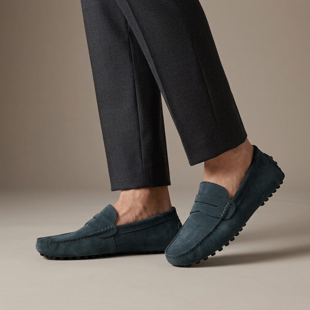 Mocassin Homme Cuir Suédé Souple à Bande Ardoise porté, pantalon anthracite