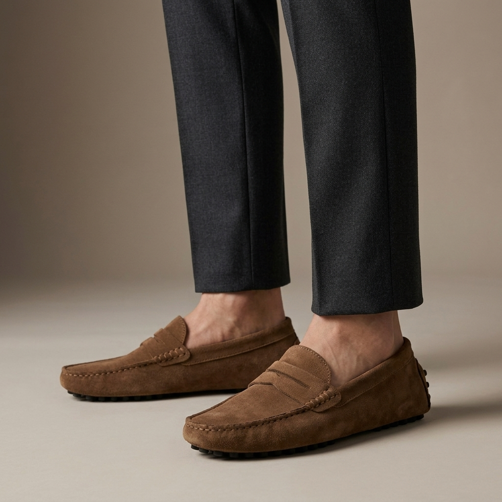 Mocassin Homme Cuir Suédé Souple à Bande Marron porté, pantalon anthracite