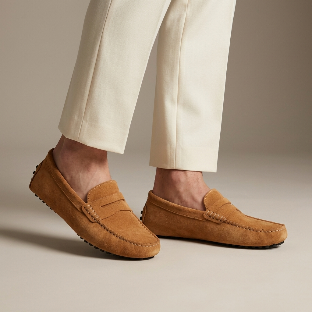 Mocassin Homme Cuir Suédé Souple à Bande Camel porté, pantalon crème