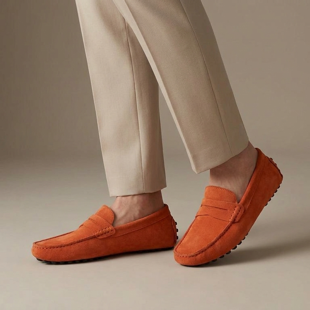 Mocassin Homme Cuir Suédé Souple à Bande Orange porté, pantalon crème