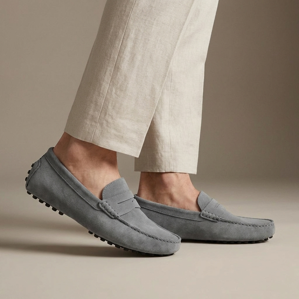 Mocassin Homme Cuir Suédé Souple à Bande Gris porté, pantalon crème
