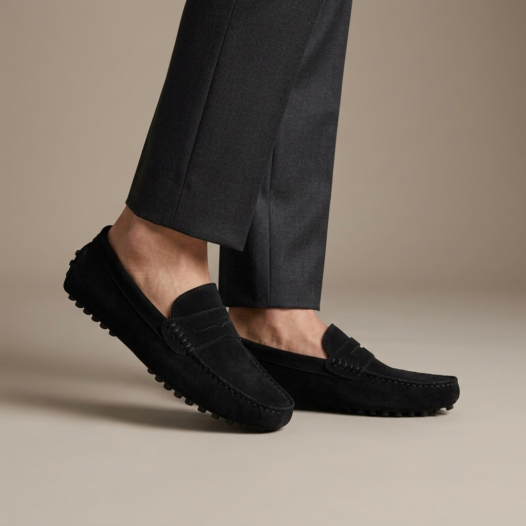 Mocassin Homme Cuir Suédé Souple à Bande Noir porté, pantalon anthracite