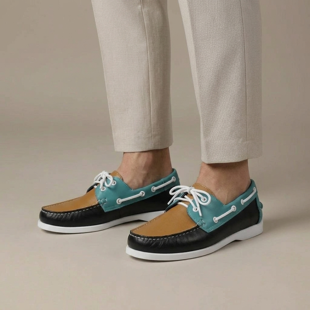 Mocassin Bateau Homme Cuir Bleu porté, pantalon crème