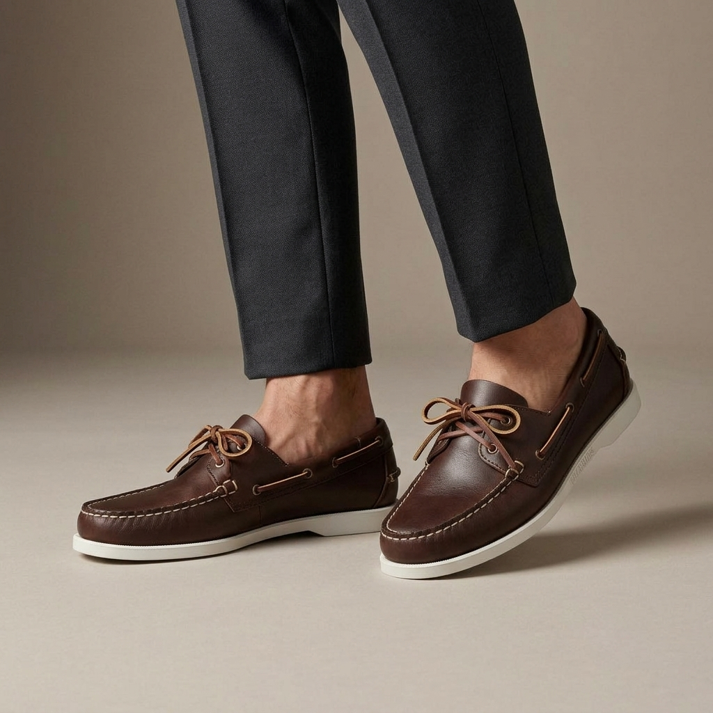 Mocassin Bateau Homme Cuir Marron/Blanc porté, pantalon anthracite