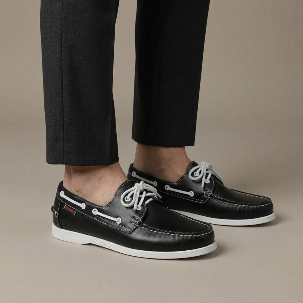 Mocassin Bateau Homme Cuir Noir/Blanc porté, pantalon anthracite