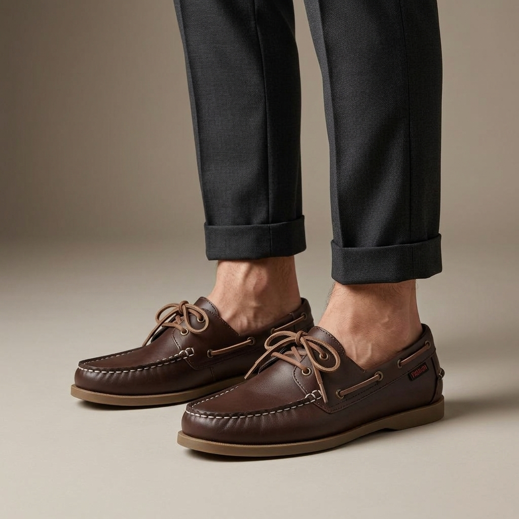 Mocassin Bateau Homme Cuir Marron porté, pantalon anthracite