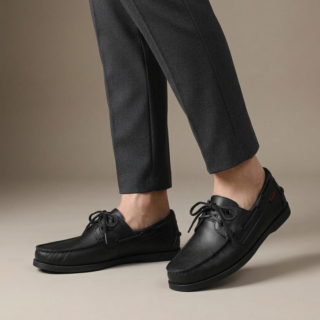 Mocassin Bateau Homme Cuir Noir porté, pantalon anthracite