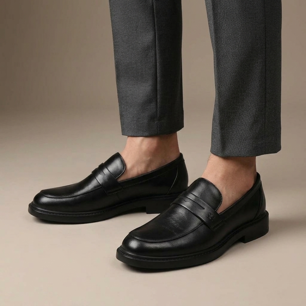 Mocassin Penny Cuir Véritable Noir porté, pantalon anthracite