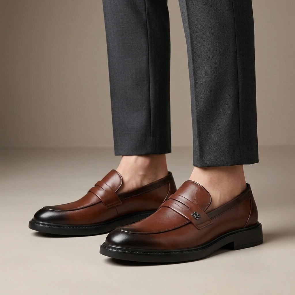 Mocassin Penny Cuir Véritable Marron porté, pantalon anthracite