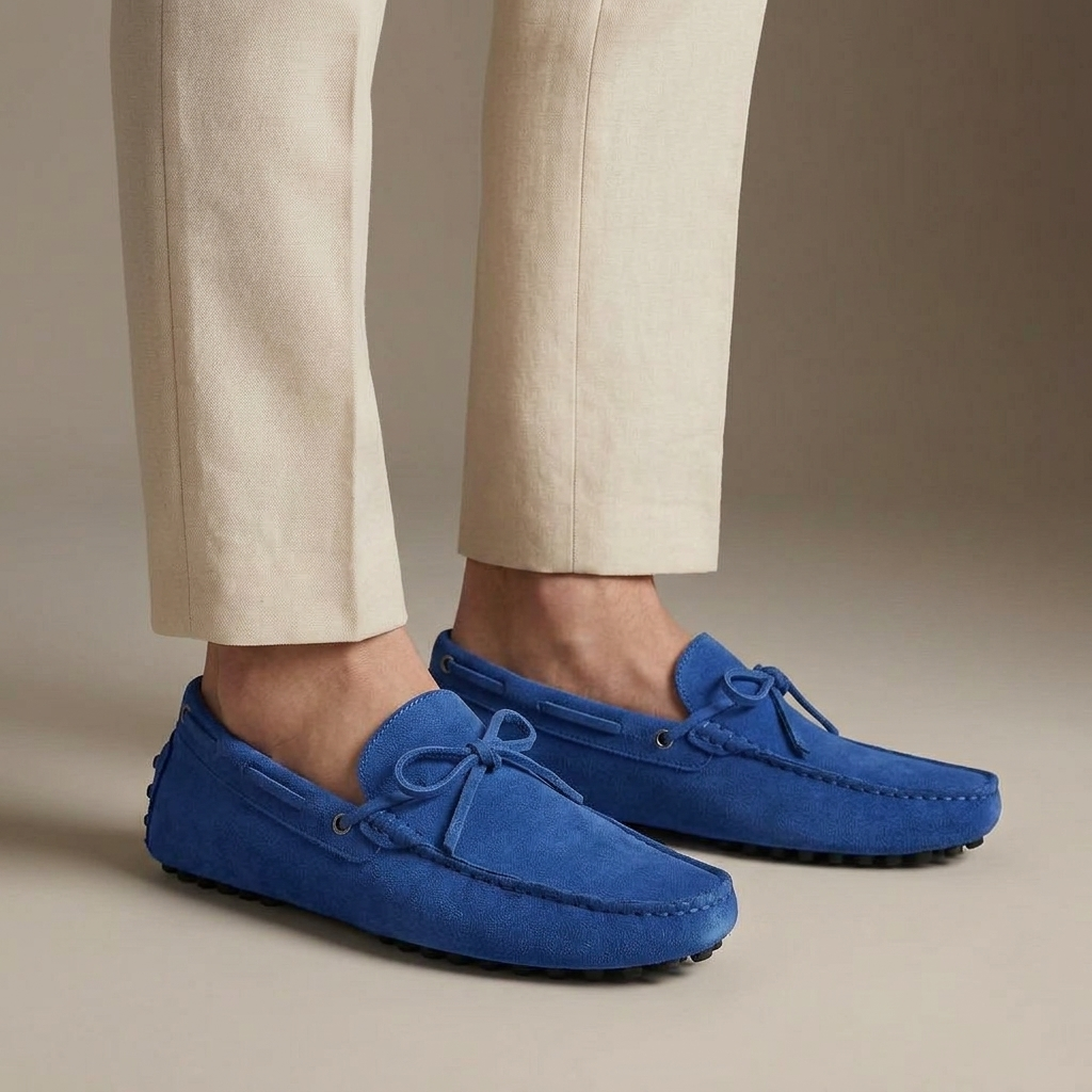 Mocassin Daim à Picots et Lacets Décoratifs Azur porté, pantalon crème