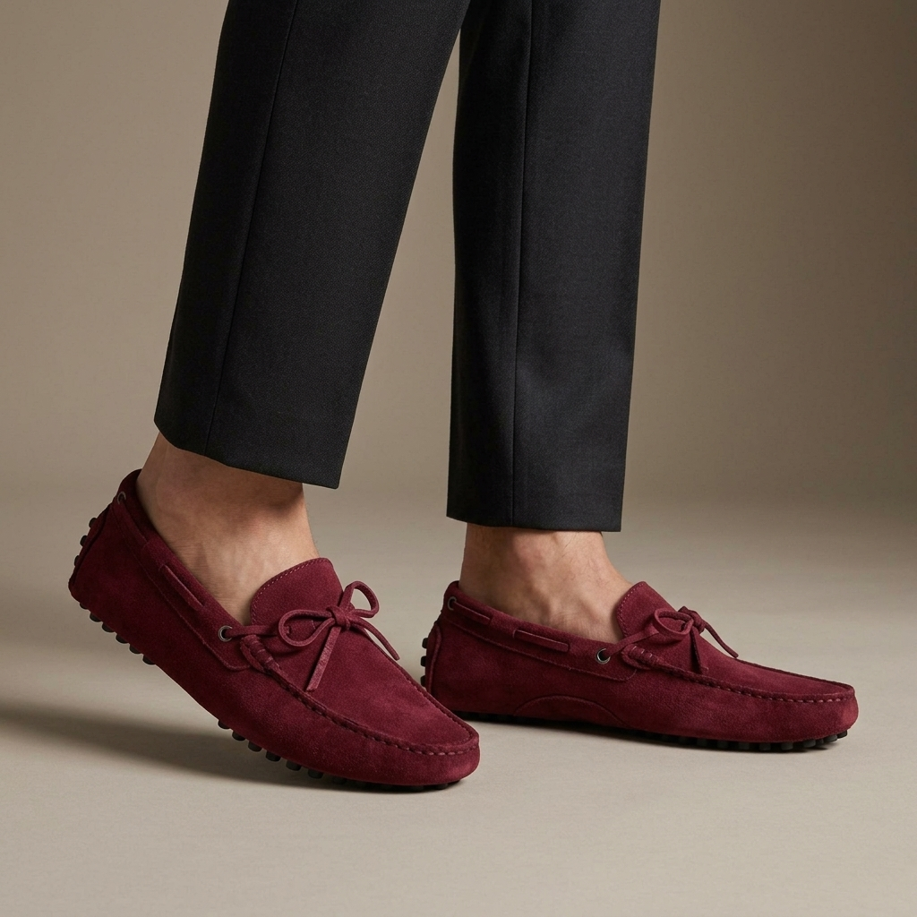 Mocassin Daim à Picots et Lacets Décoratifs Bordeaux porté, pantalon anthracite