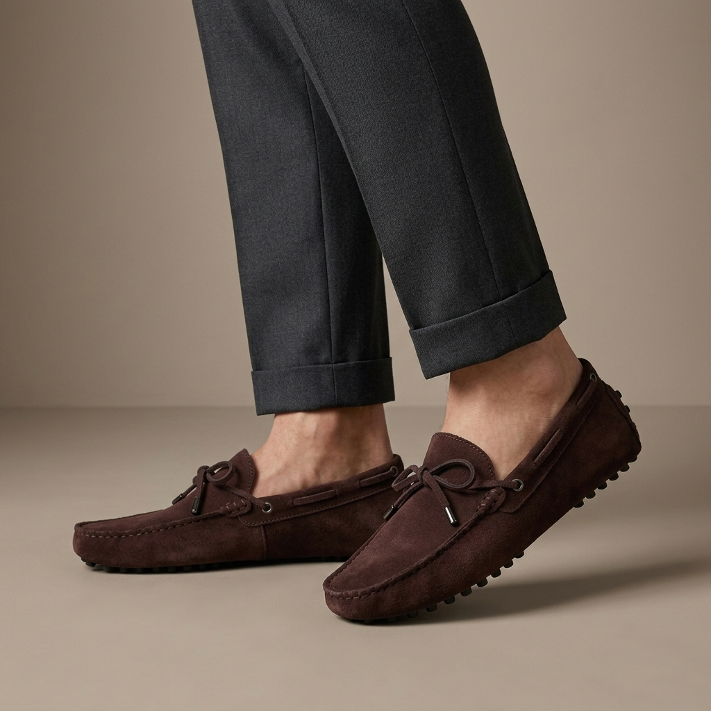Mocassin Daim à Picots et Lacets Décoratifs Marron porté, pantalon anthracite