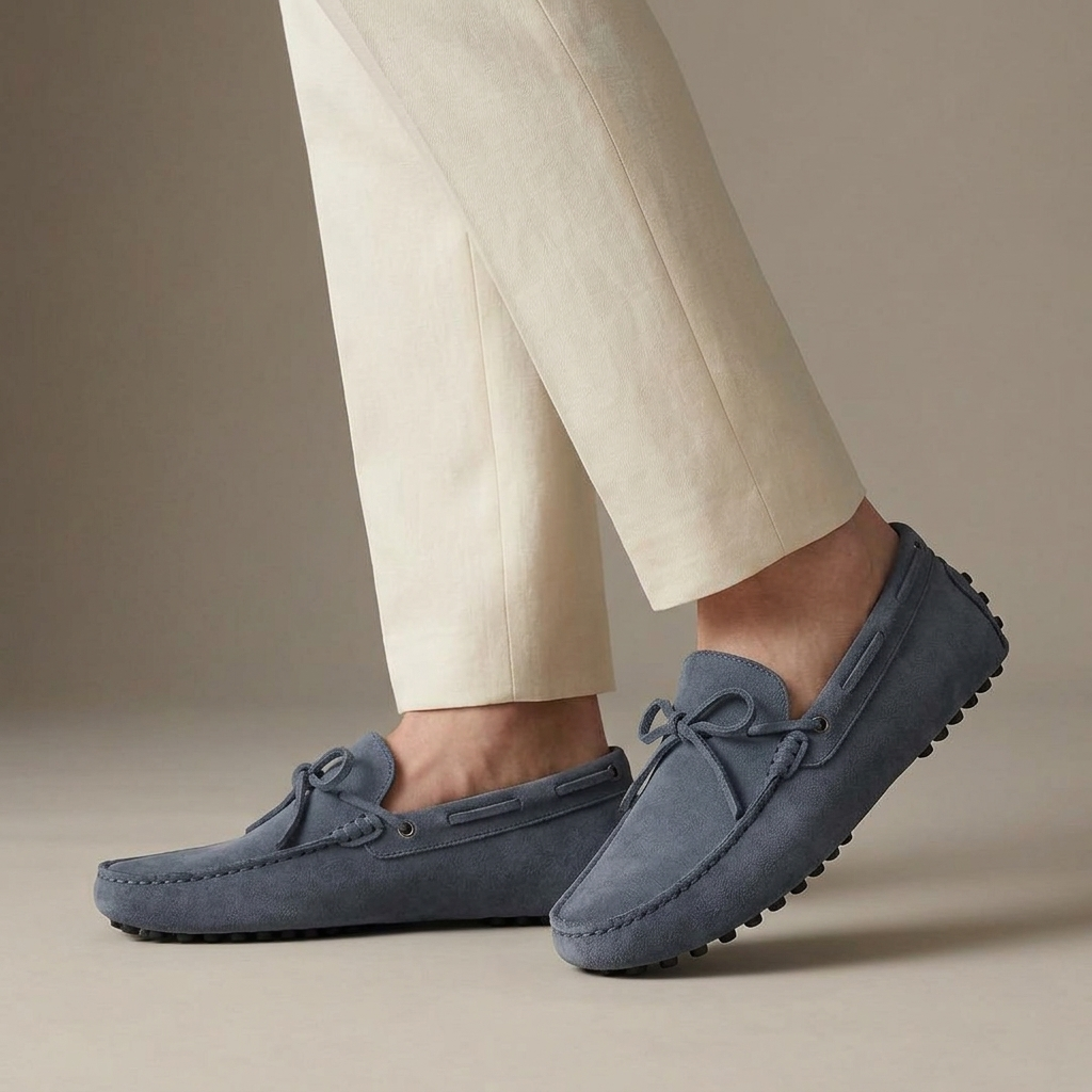 Mocassin Daim à Picots et Lacets Décoratifs Gris porté, pantalon crème