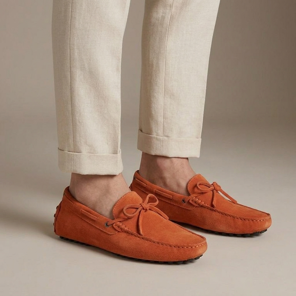 Mocassin Daim à Picots et Lacets Décoratifs Orange porté, pantalon crème
