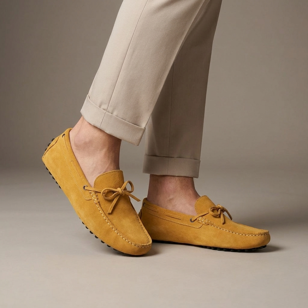 Mocassin Daim à Picots et Lacets Décoratifs Jaune porté, pantalon crème