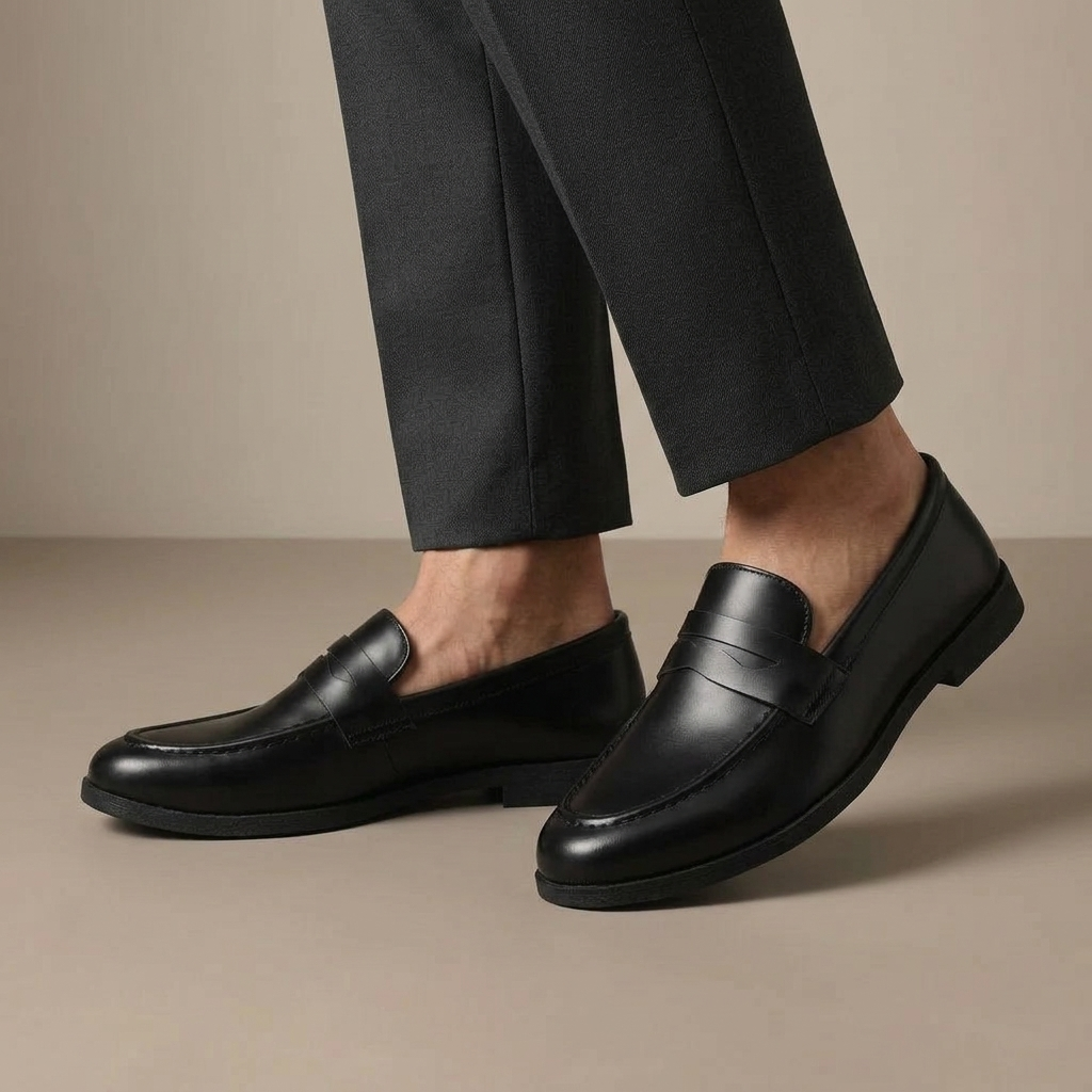 Mocassin Homme Penny Loafer Cuir Lisse Noir porté, pantalon anthracite