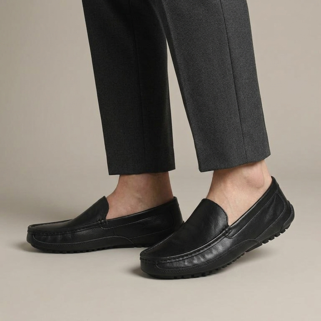 Mocassin Homme de Conduite Cuir Souple Noir porté, pantalon anthracite