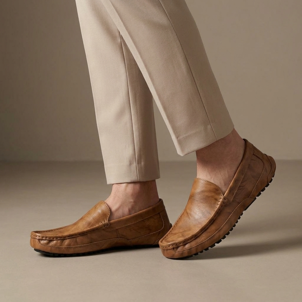 Mocassin Homme de Conduite Cuir Souple Camel porté, pantalon crème