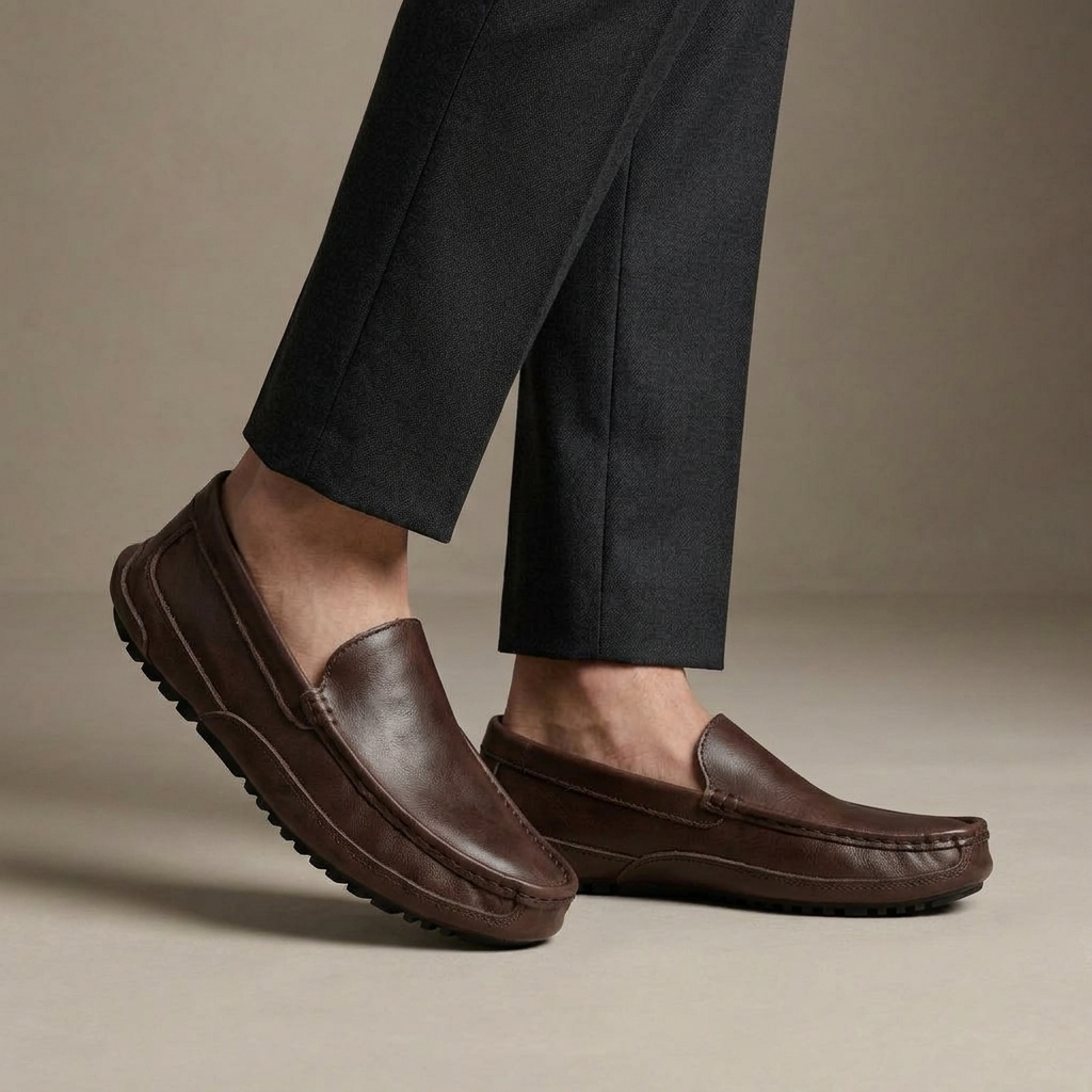 Mocassin Homme de Conduite Cuir Souple Marron porté, pantalon anthracite