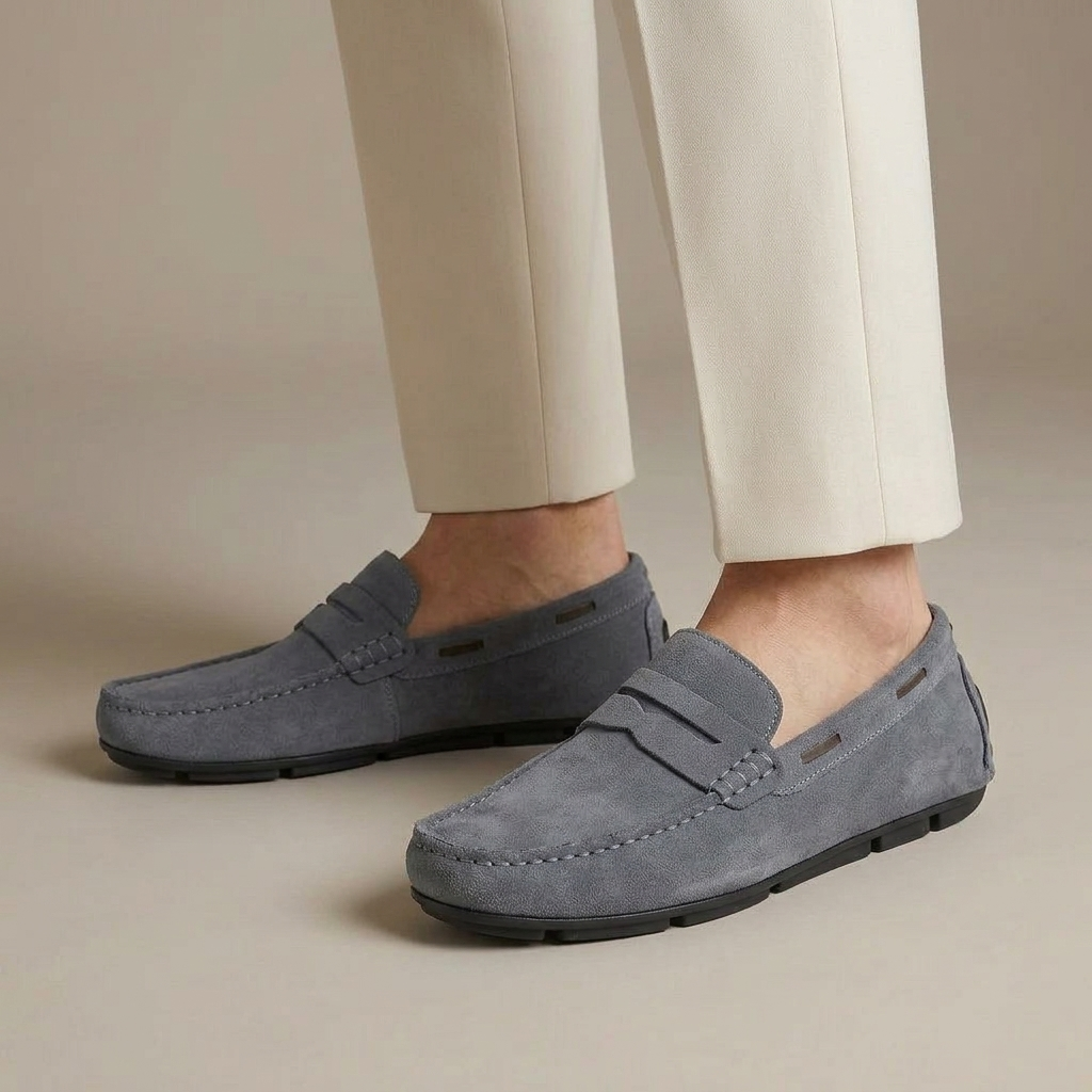 Mocassin Daim Classique à Bande Gris porté, pantalon crème