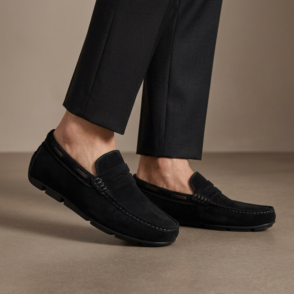 Mocassin Daim Classique à Bande Noir porté, pantalon anthracite