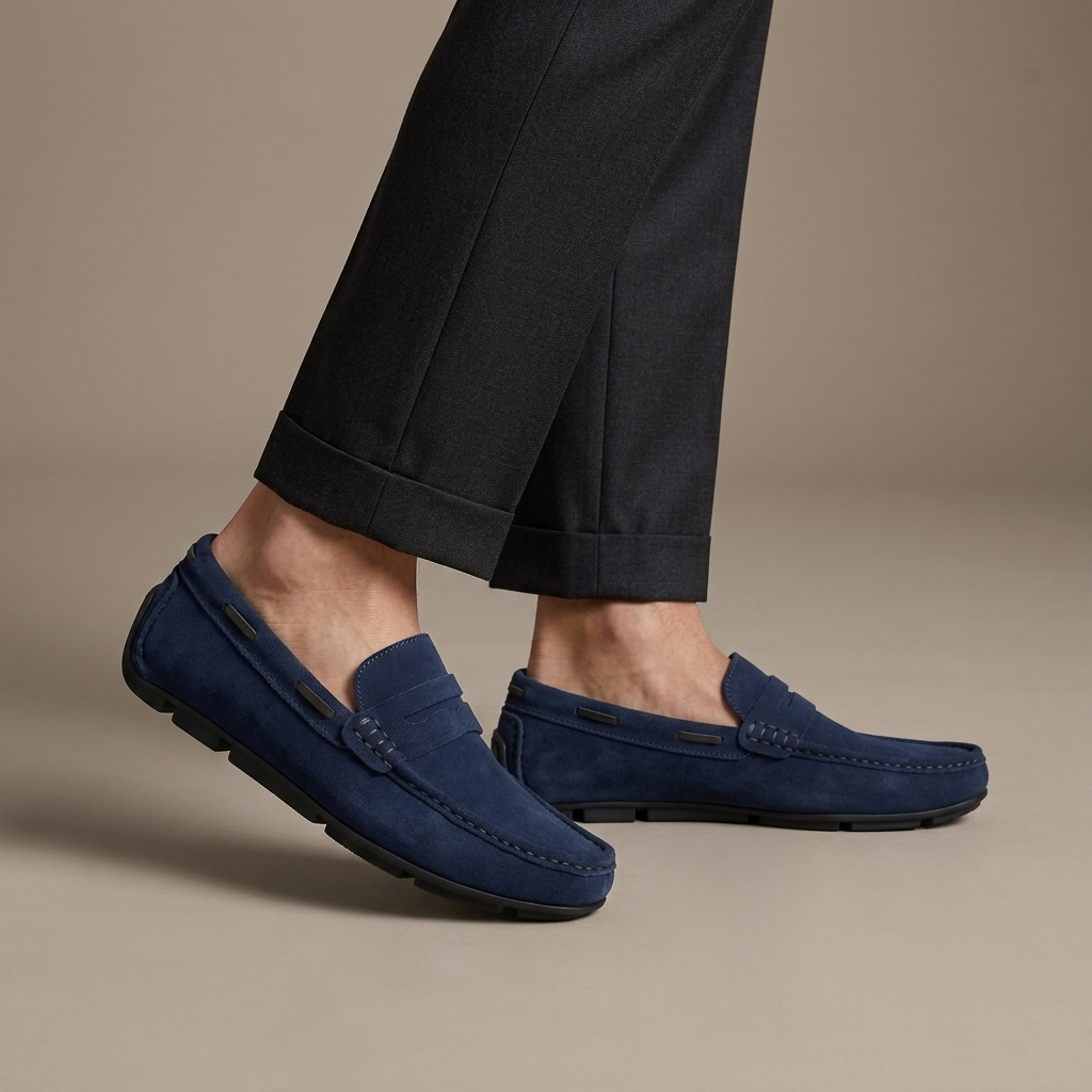 Mocassin Daim Classique à Bande Bleu Marine porté, pantalon anthracite