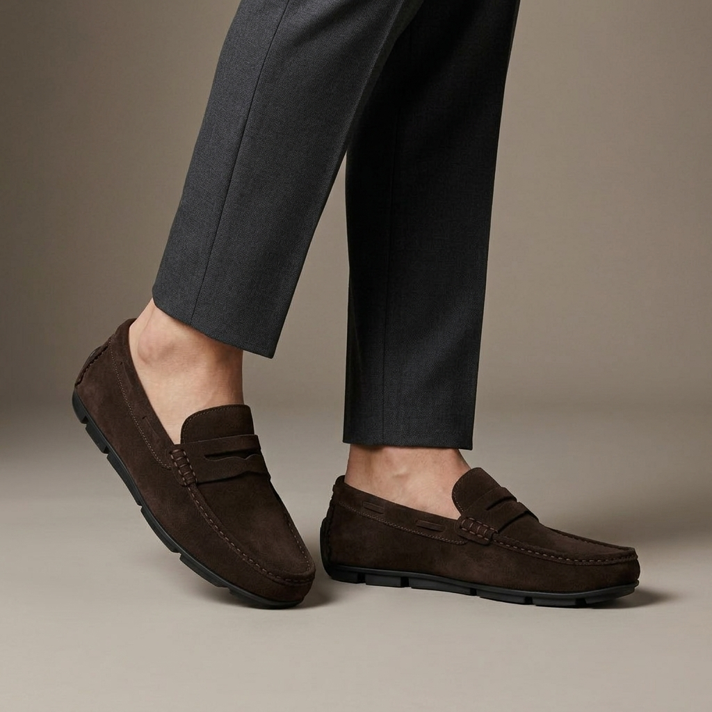 Mocassin Daim Classique à Bande Marron porté, pantalon anthracite