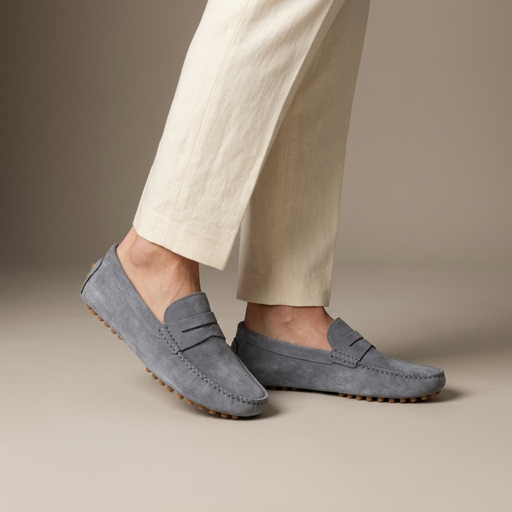 Mocassin Driving Shoe Daim à Boucle Gris porté, pantalon crème