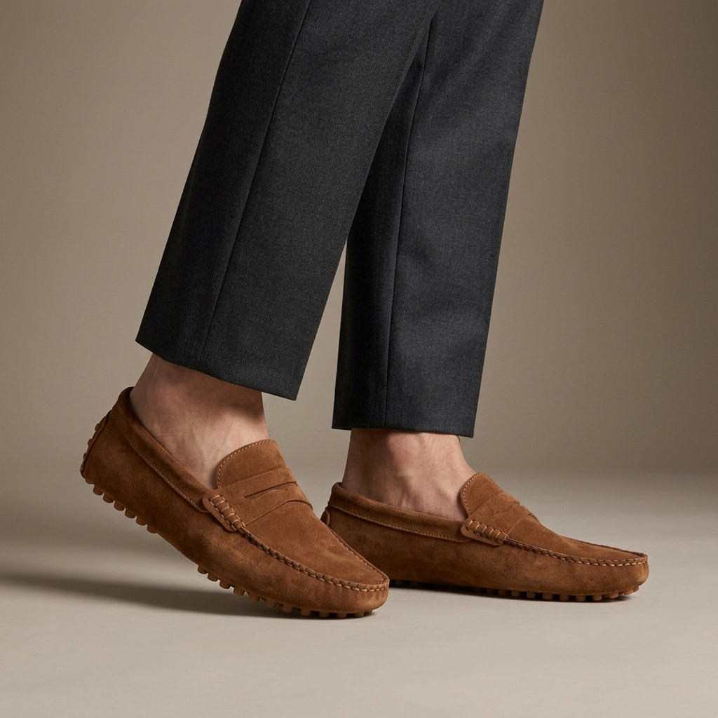 Mocassin Driving Shoe Daim à Boucle Marron porté, pantalon anthracite
