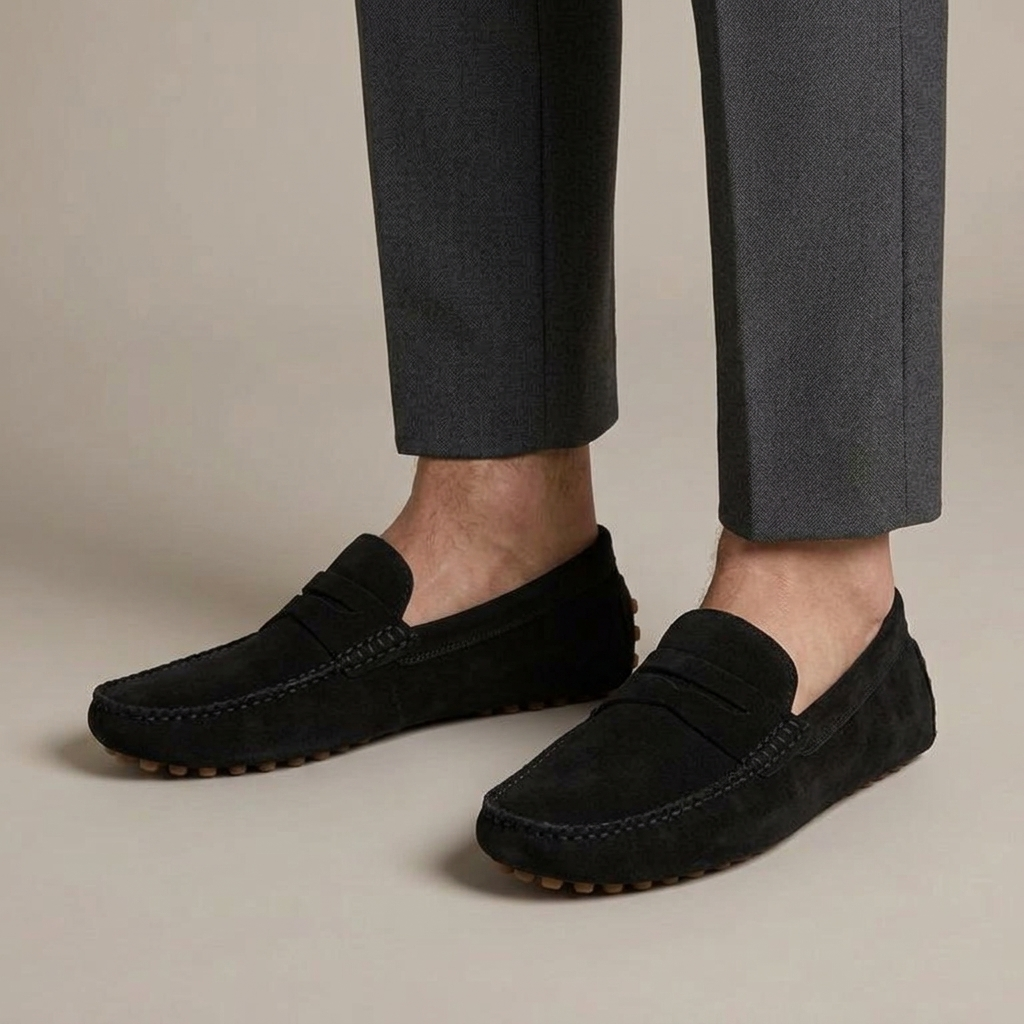 Mocassin Driving Shoe Daim à Boucle Noir porté, pantalon anthracite