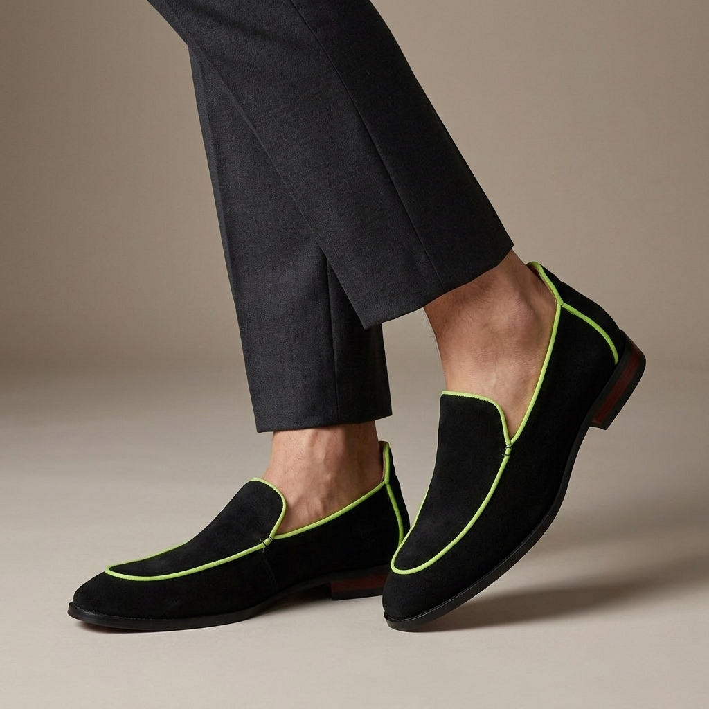 Mocassin Slipper Bicolore Cuir Véritable Noir porté, pantalon anthracite