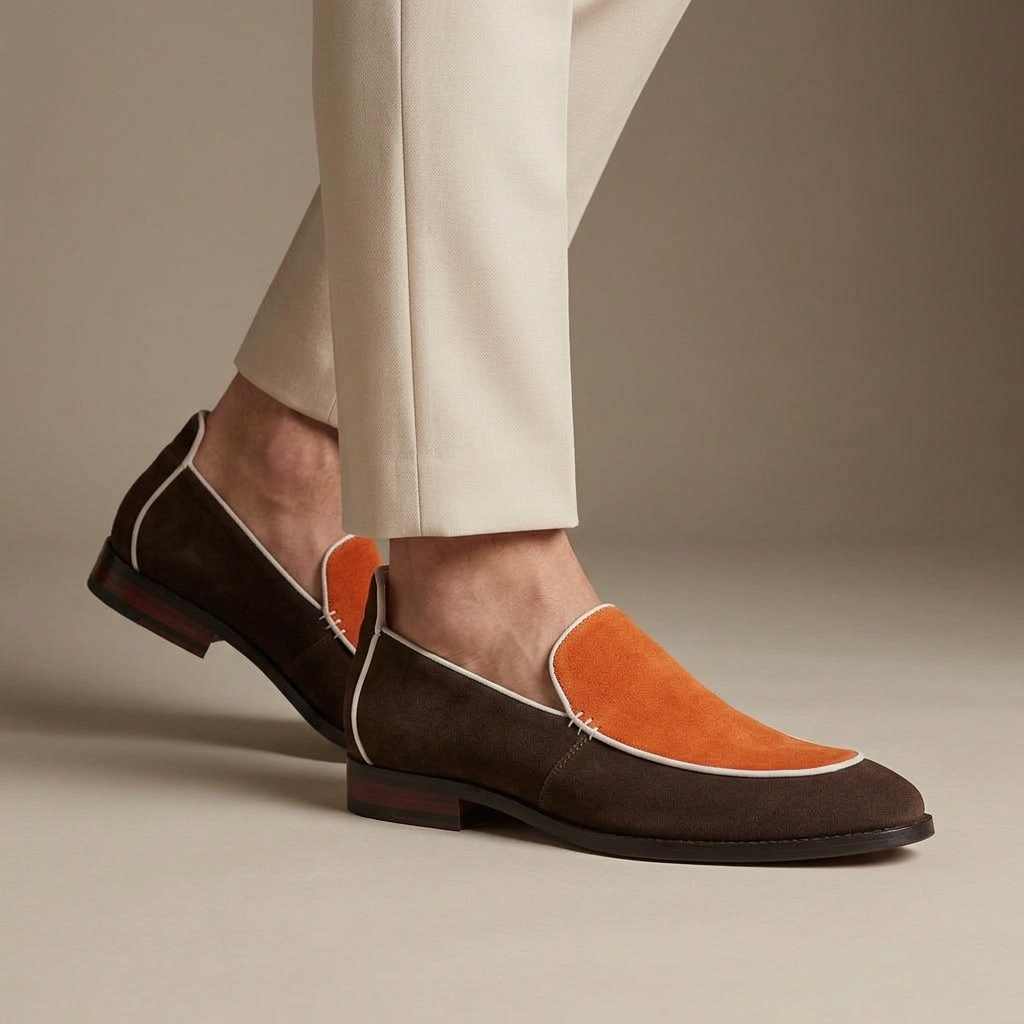Mocassin Slipper Bicolore Cuir Véritable Orange porté, pantalon crème