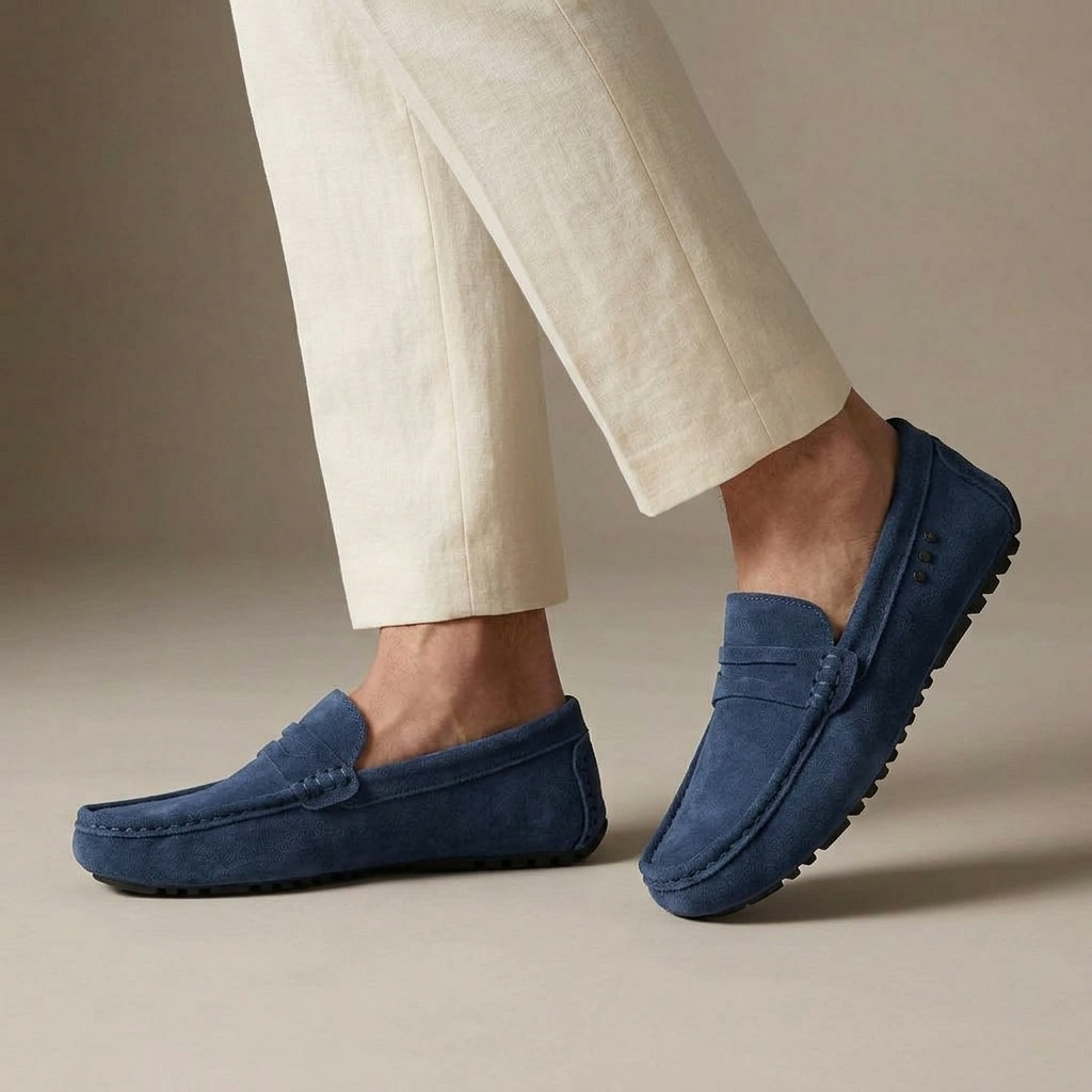 Mocassin Conduite Cuir Suédé à Picots et Bande Bleu porté, pantalon crème