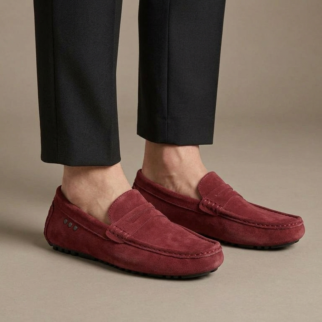 Mocassin Conduite Cuir Suédé à Picots et Bande Bordeaux porté, pantalon anthracite