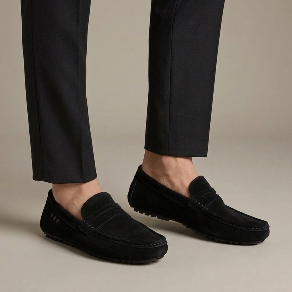 Mocassin Conduite Cuir Suédé à Picots et Bande Noir porté, pantalon anthracite