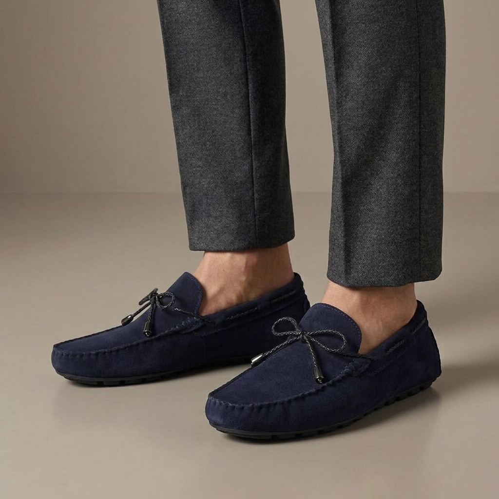 Mocassin Homme Cuir Suédé à Lacets Bleu Marine porté, pantalon anthracite
