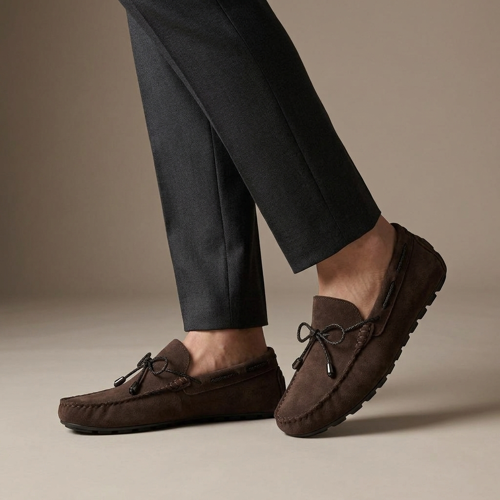 Mocassin Homme Cuir Suédé à Lacets Marron porté, pantalon anthracite