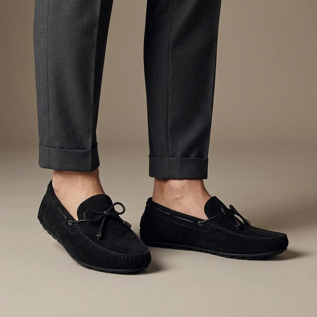 Mocassin Homme Cuir Suédé à Lacets Noir porté, pantalon anthracite