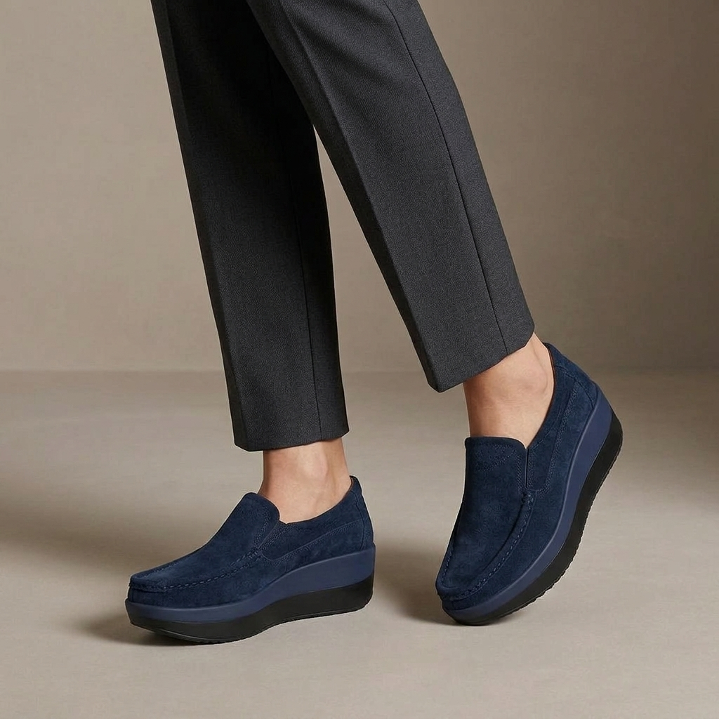 Mocassin Femme Compensé Cuir Suédé Bleu Marine porté, pantalon anthracite