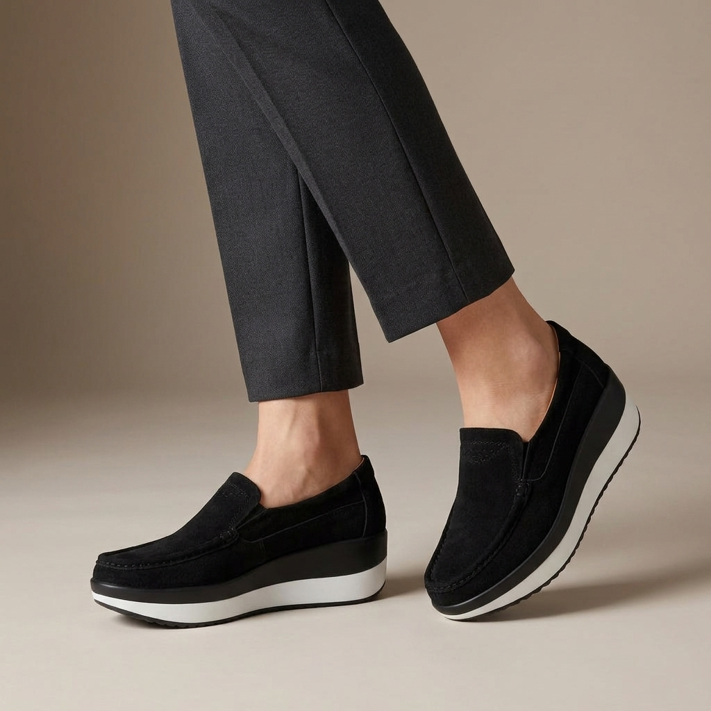 Mocassin Femme Compensé Cuir Suédé Noir porté, pantalon anthracite