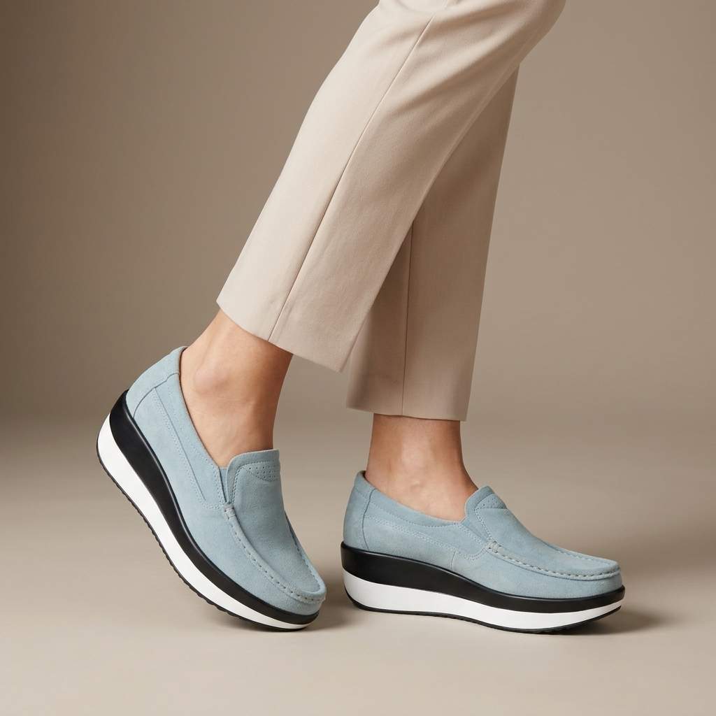 Mocassin Femme Compensé Cuir Suédé Ciel porté, pantalon crème